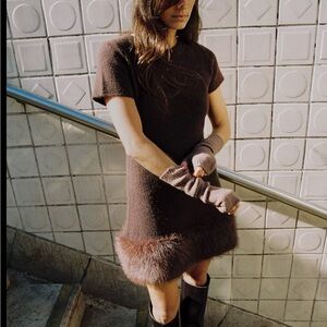 Zara Elegant Brown Short Sleeve Dress with faux fur trim